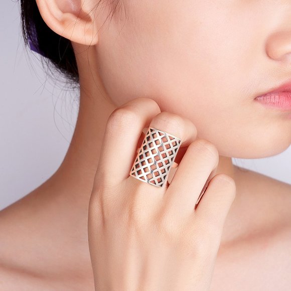 Big Bold Adjustable 925 Sterling Silver Geometric Rectangular Lattice Mesh Ring - Picture 4 of 7